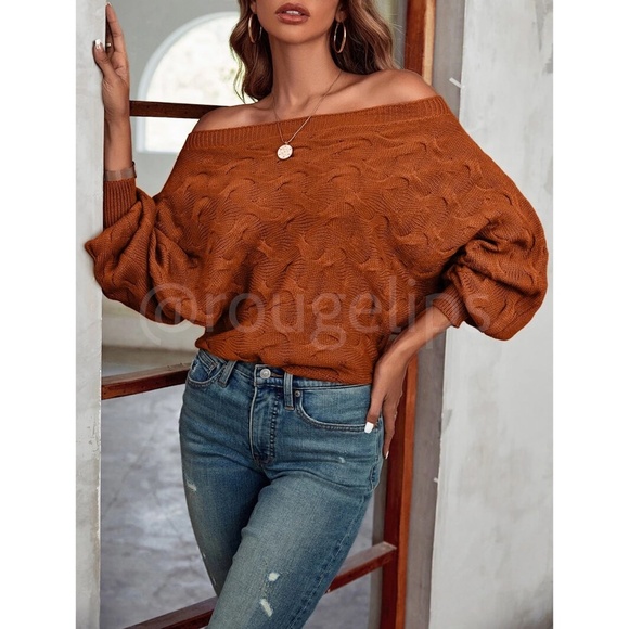 Off Shoulder Batwing Sleeve Rusty Brown Knit Sweater - Picture 2 of 8